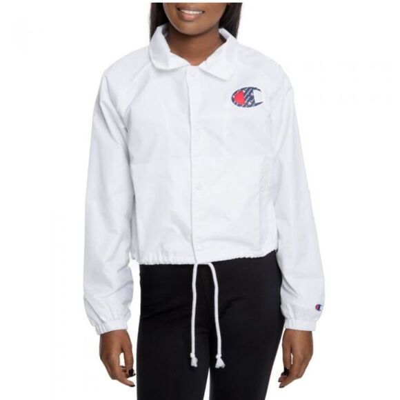 Champion Size Small Cropped Coaches Jacket Windbreakereaker White with Logo - Picture 1 of 10